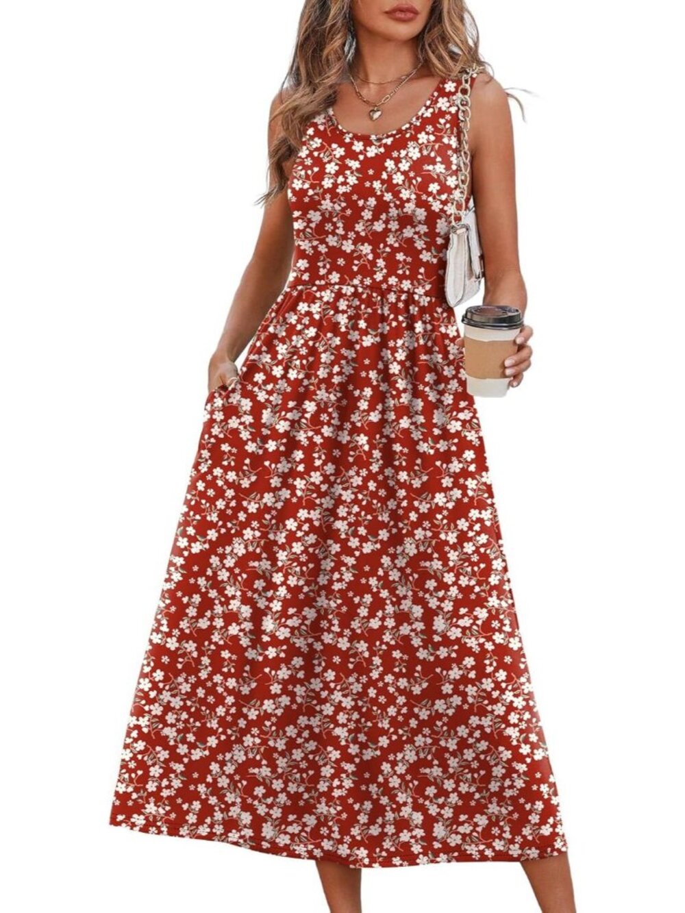 Women's Midi Dresses Red White Print Scoop Neck Sleeveless Summer Casual Soft